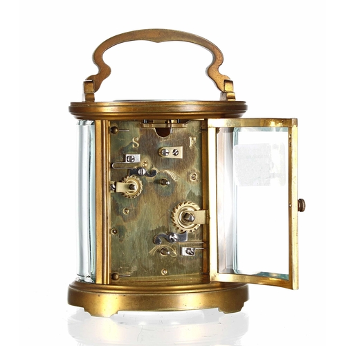 1264 - French carriage clock timepiece with alarm, fitted with a bell beneath the base, the principal 1.75