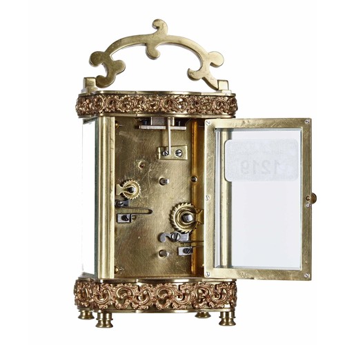 1269 - Attractive carriage clock timepiece with alarm striking on a bell beneath the base, the 2