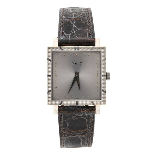 524 - Piaget 18ct white gold square cased wristwatch, reference no. 937, case no. 191xxx, square grey brus... 