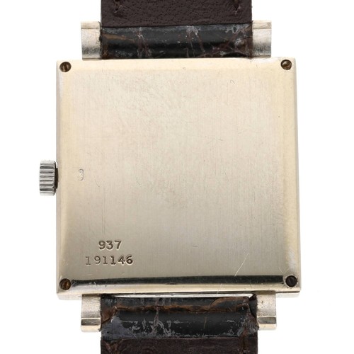 524 - Piaget 18ct white gold square cased wristwatch, reference no. 937, case no. 191xxx, square grey brus... 