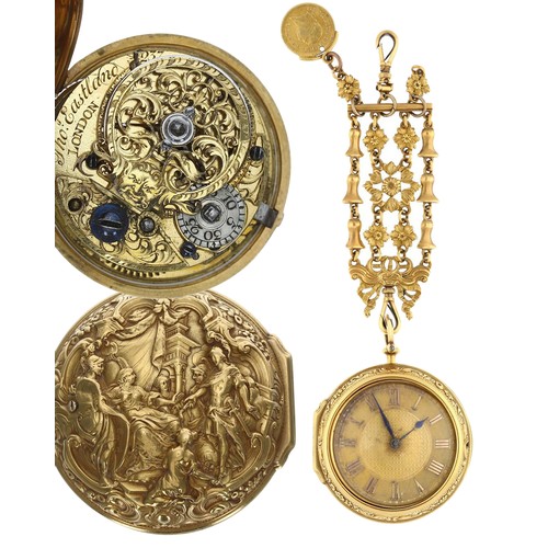 Thomas Eastland, London - Fine English mid-18th century gold verge repoussé pair cased pocket watch, the fusee movement signed Thos Eastland, London, no. 237, with pierced engraved balance cock with mask and diamond endstone, flat steel three arm balance, silvered regulating disc and squared baluster pillars, gilt dial with applied gilt Roman numeral chapter enclosing an engine turned centre, blued steel hands, within a plain inner case and repousse outer case depicting figures in a classical scene, 49mm; with a yellow metal floral and bell design chatelaine with coin fob and two clasps (2)