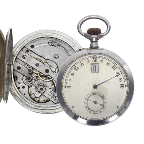 978 - White metal 'Jump Hour' pocket watch with 'Fly Back' minutes, bar lever movement with compensated ba... 