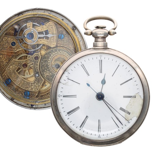 1003 - Chinese Market - white metal centre seconds cylinder pocket watch, elaborately engraved movement wit... 