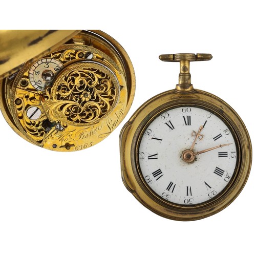 Thomas Fisher, London - English gilt metal pair cased verge pocket watch, signed fusee movement, no. 6165, with pierced engraved balance cock, flat steel three arm balance, silvered regulating disc and square baluster pillars, the dial with Roman numerals and minute markers with outer five minute divisions, gilt beetle and poker hands, within plain cases, 48mm