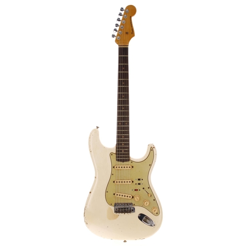 366 - 1963 Fender Stratocaster electric guitar, made in USA; Body: Olympic white refinish, checking, dings... 