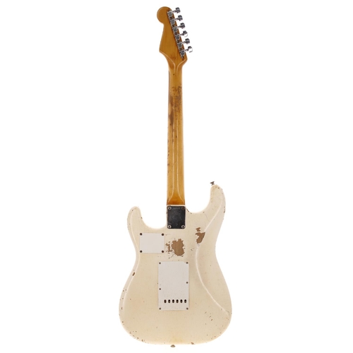 366 - 1963 Fender Stratocaster electric guitar, made in USA; Body: Olympic white refinish, checking, dings... 