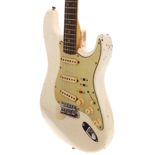 366 - 1963 Fender Stratocaster electric guitar, made in USA; Body: Olympic white refinish, checking, dings... 