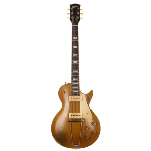 1952 Gibson Les Paul Model electric guitar, made in USA; Body: gold top finish upon natural mahogany back, heavy finish wear to top upon treble horn, heavy wear to arm position, heavy lacquer checking and oxidisation to top, heavy buckle scratches and buckle blemish to back, further dings as consistent for age; Neck: wear throughout, some dings and scratches, lacquer checking, chipped corner of head on treble side of head face; Fretboard: rosewood, mild wear throughout; Frets: good, refret; Electrics: working, pickups appear original, replaced switch, potentiometers replaced with two dating to 1971 and the others dating to 1980, replacement capacitors; Hardware: good and appear original, nickel plate loss to top of bridge, some rusting to metal hardware; Case: original worn hard case; Weight: 4.01kg; Overall condition: good for age