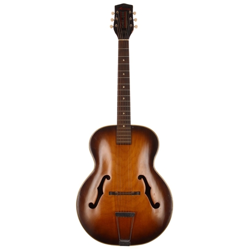 676 - 1950s Harmony Broadway archtop guitar, made in USA; Body: tobacco sunburst finish, buckle marks to b... 