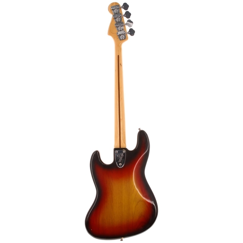 371 - 1977 Fender Jazz Bass guitar, made in USA; Body: three-tone sunburst finish, dings throughout mainly... 