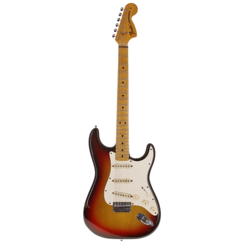 378 - 1974 Fender Stratocaster Hardtail electric guitar, made in USA; Body: three-tone sunburst finish, la... 