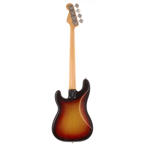 408 - 1974 Fender Precision Bass fretless bass guitar, made in USA; Body: three-tone sunburst finish, ligh... 