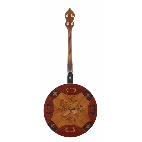 1514 - Rare French Bartolo Busato tenor banjo, the decorative resonator back inlaid with musical instrument... 