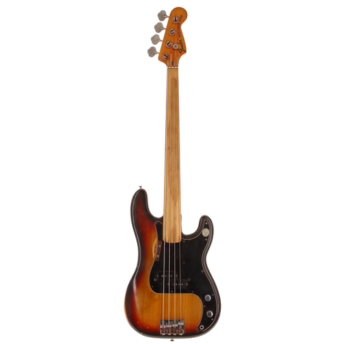 362 - 1973 Fender Precision Bass fretless bass guitar, made in USA; Body: three-tone sunburst finish, fini... 