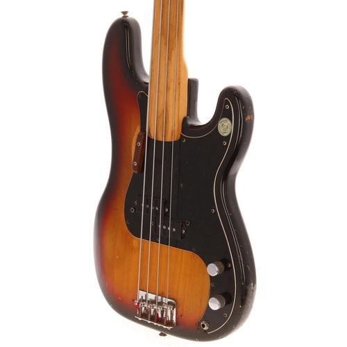 362 - 1973 Fender Precision Bass fretless bass guitar, made in USA; Body: three-tone sunburst finish, fini... 