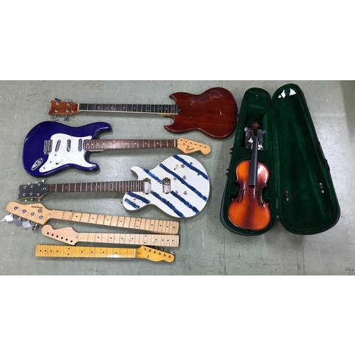 1462 - Three guitars in need of restoration to include a Dean single cut, a Squier Strat and an old bass; t... 