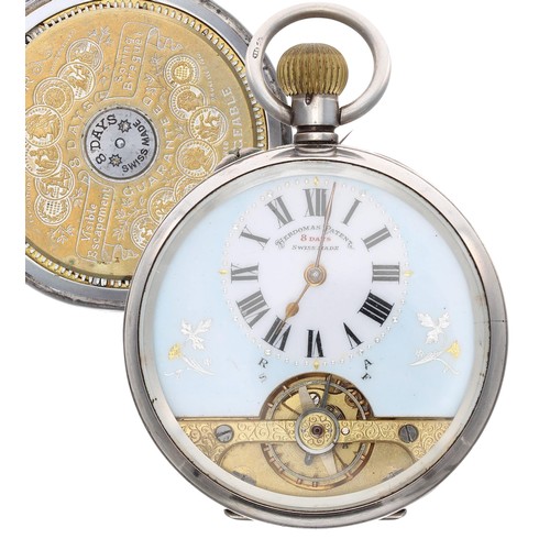 948 - Hebdomas Patent 8 days silver pocket watch, import hallmarks London 1912, the decorated dial with Ro... 