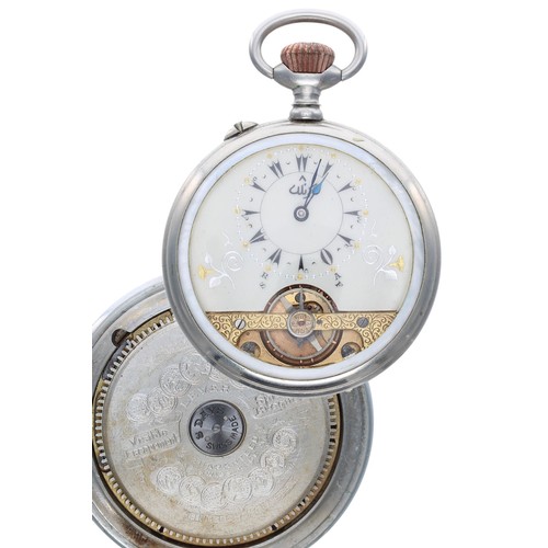 949 - Turkish Market - Swiss Hebdomas type 8 days nickel and mother of pearl cased pocket watch, decorated... 