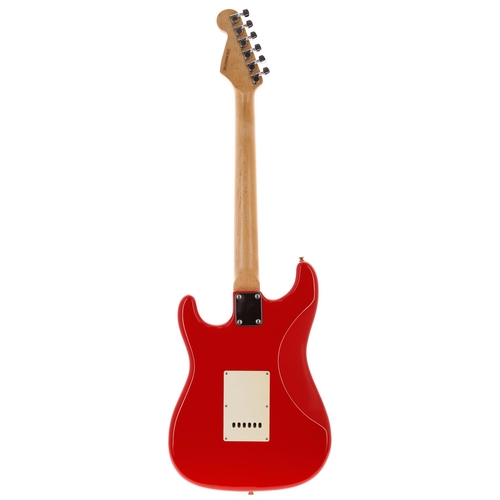 761 - Squier by Fender Strat electric guitar; Body: red finish; Neck: maple; Fretboard: rosewood; Frets: w... 