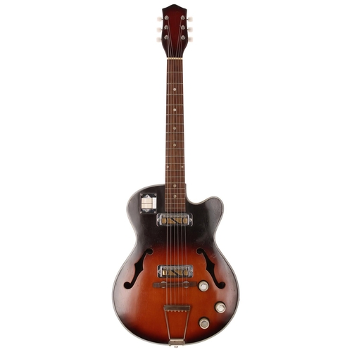 826 - 1960s hollow body electric guitar, made in Japan, possibly by Teisco; Body: red burst finish, many s... 