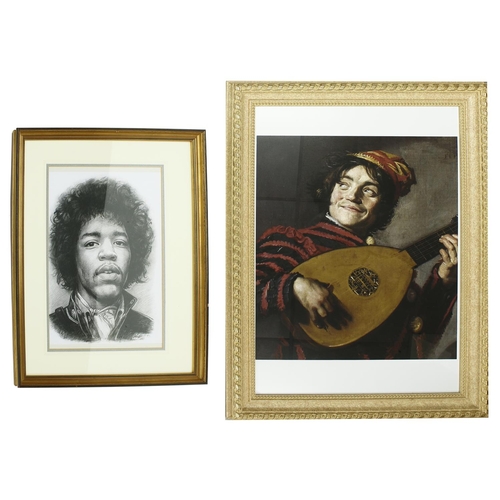 338 - Jimi Hendrix - black and white sketch print of Jimi Hendrix, mounted and framed, 21