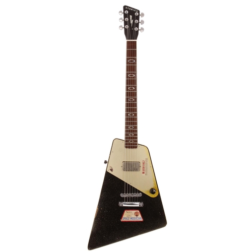 591 - Joe Doe Guitars Atomika electric guitar, made in England; Body: nitro glitter black finished eccentr... 