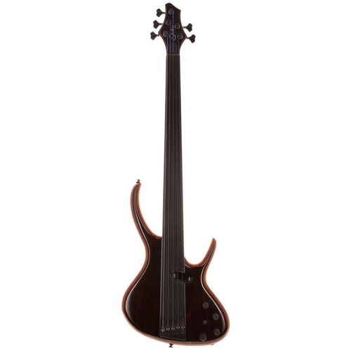 679 - John Shuker Uberhorn five string fretless bass guitar, made in UK; Body: African blackwood topped ma... 