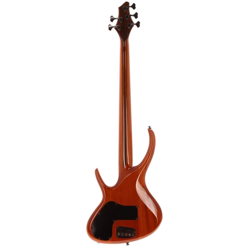 679 - John Shuker Uberhorn five string fretless bass guitar, made in UK; Body: African blackwood topped ma... 