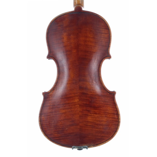 2438 - English violin by and labelled J.A. Ashton, 1934, the two piece back of broad curl with similar wood... 