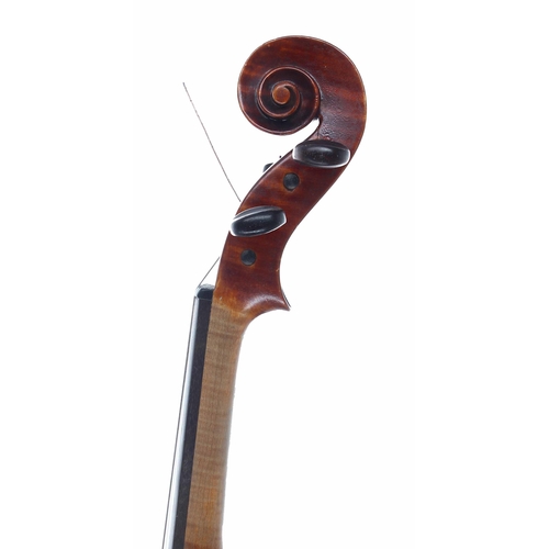 2438 - English violin by and labelled J.A. Ashton, 1934, the two piece back of broad curl with similar wood... 