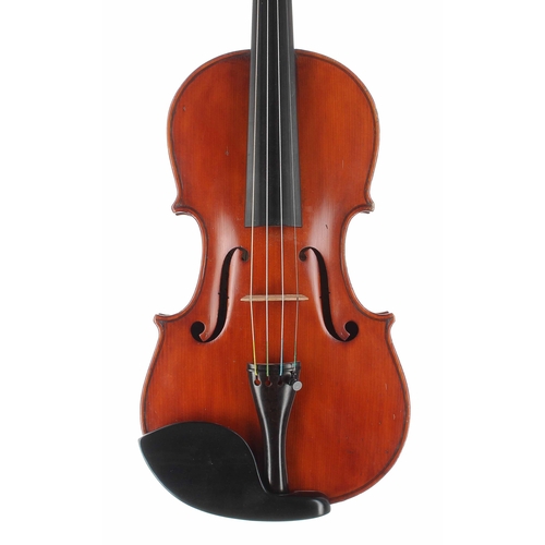 Italian violin by and labelled C. Masetti, fece in Firenze, 1920, the two piece back of faint fine curl with similar wood to the sides, the head of medium curl, the table of a medium width grain and the varnish of an orange-brown colour, 13 15/16", 35.40cm