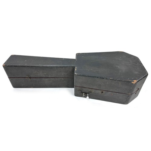 3224 - English antique black painted double guitar case, with original woven felt lining and division board... 