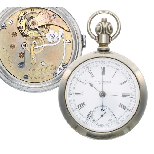 872 - Pan-America single push button centre seconds chronograph lever set silveroid pocket watch, signed m... 