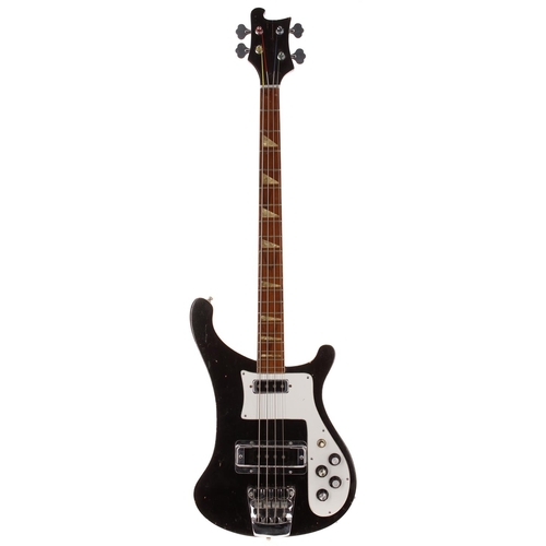 735 - 1970s Ricky Copy bass guitar, probably Hondo; Body: black finish, heavy scratches and dings througho... 