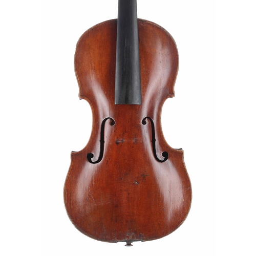 2473 - Interesting violin circa 1820, unlabelled, the two piece back of faint medium/fine curl with similar... 