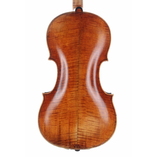 2473 - Interesting violin circa 1820, unlabelled, the two piece back of faint medium/fine curl with similar... 