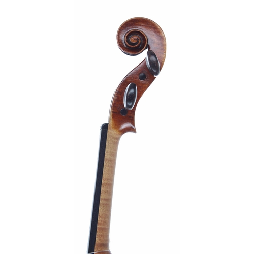 2473 - Interesting violin circa 1820, unlabelled, the two piece back of faint medium/fine curl with similar... 