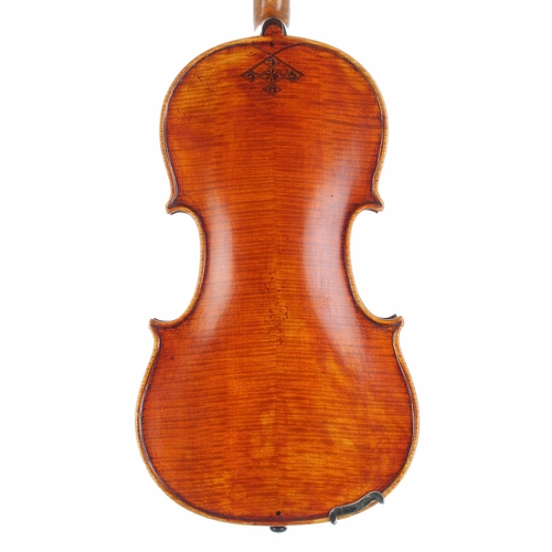 2407 - English violin circa 1950 labelled Joseph Guarnerius..., with geometric lozenge purfled inlay below ... 