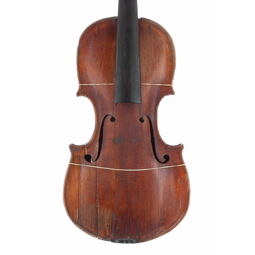 2479 - Interesting 18th century violin in need of restoration, unlabelled, the two piece back of faint broa... 