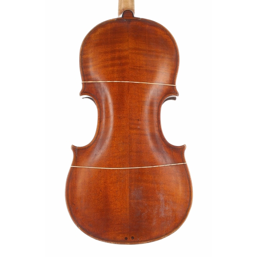 2479 - Interesting 18th century violin in need of restoration, unlabelled, the two piece back of faint broa... 