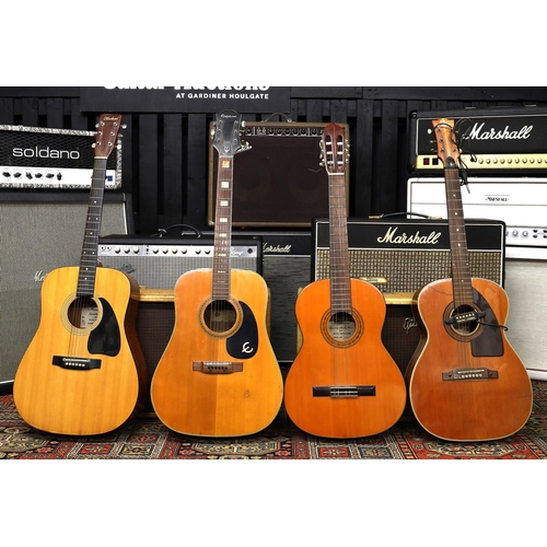 774 - Four guitars in need of some repair to include a Japanese Epiphone FT-150, an Eko with case, a Kimba... 