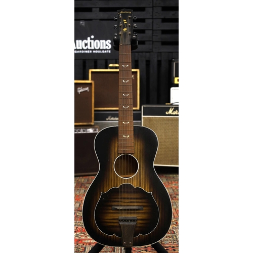 801 - 1940s Harmony H1114 small bodied acoustic guitar, made in USA, with forward lean to neck and current... 