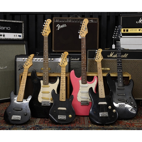 855 - Six electric guitars to include a pink finished Gear4Music S-Type electric guitar, an Encore, a Burs... 