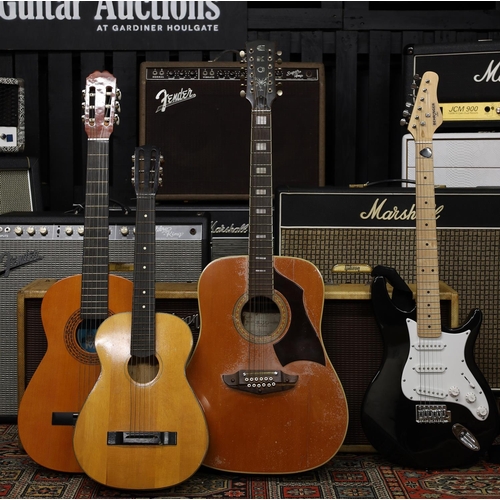 875 - Four guitars, two in need of extensive restoration to include an Eko Rio Bravo twelve string for rep... 