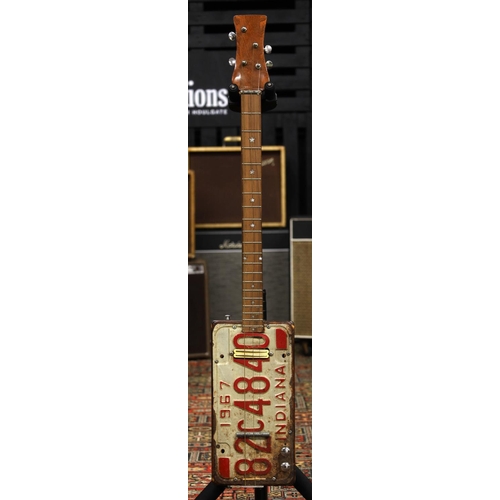 881 - Custom made three string Indiana licence plate box electric guitar