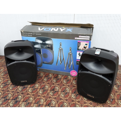 3076 - Vonyx VPS122A PA speakers, with stands and box*Please note: Gardiner Houlgate do not guarantee the f... 