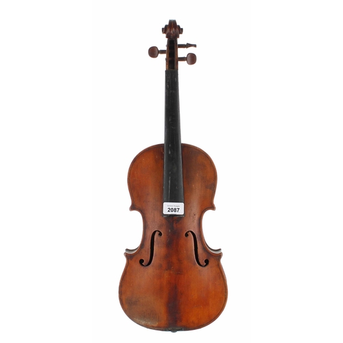 2087 - Late 19th century decorative violin labelled Tom.Carcasso..., the back carved with a castle and moat... 