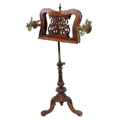 1607 - Good Victorian mahogany duet music stand, with shaped foliate pierced ledges flanked by differing pa... 