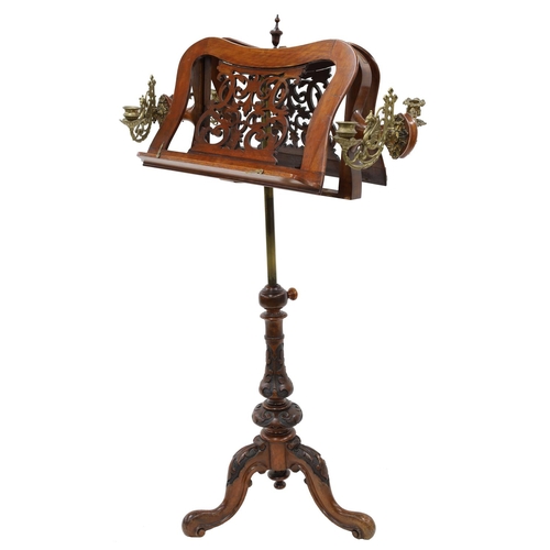 1607 - Good Victorian mahogany duet music stand, with shaped foliate pierced ledges flanked by differing pa... 