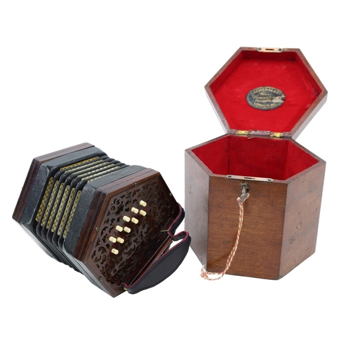 1610 - Lachenal & Co Anglo concertina, with twenty bone buttons on hand cut rosewood ends, five-fold be... 